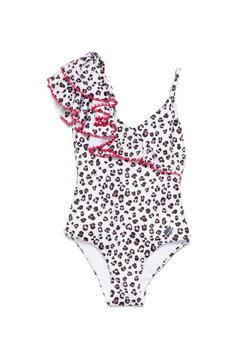 Eén-schouder badpak met een witte basis, zwart en roze luipaardprint, en een gerimpelde rand met rode afwerking op de linkerschouder.