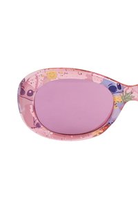Pink sunglasses with a round frame, featuring a playful pattern of cartoon characters and sparkles on the outer edges, and pink lenses.