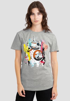 Gray cotton t-shirt featuring a colorful BB-8 design with splashes in yellow, pink, and blue, against a light gray background.