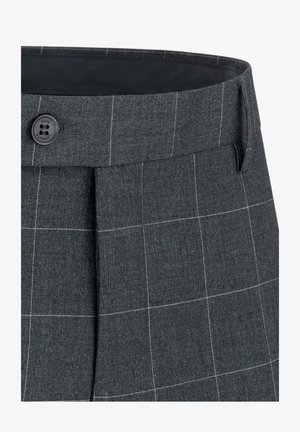 Szare w kratę spodnie z zapięciem na guzik, plisowanym przodem i kontrastującymi białymi liniami, wykonane z teksturowanej tkaniny o dopasowanym kroju.