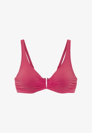 Roze bikini-top met een driehoekvorm, voorzien van geplooide stof in het midden en dunne verstelbare bandjes. Sluiting aan de voorkant met decoratieve hardware.