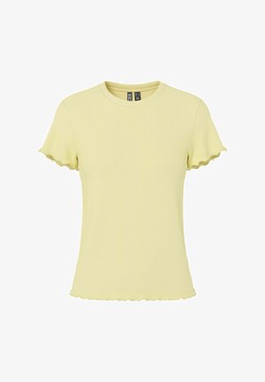 Top galben deschis cu mâneci scurte cu dungi, cu decolteu rotund și finisaj ondulat la mâneci și tiv, prezentat pe fundal alb.