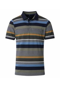 Striped polo shirt featuring a mix of colors including navy, olive, and orange. Short sleeves, collar, and a single chest pocket detail.