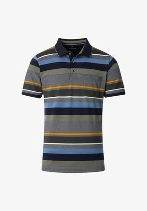 Gestreiftes Poloshirt mit einer Mischung aus Farben, darunter Marineblau, Olivgrün und Orange. Kurze Ärmel, Kragen und ein einzelnes Detail in Form einer Brusttasche.