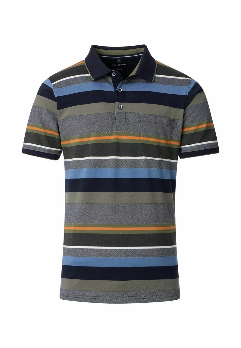 Striped polo shirt featuring a mix of colors including navy, olive, and orange. Short sleeves, collar, and a single chest pocket detail.
