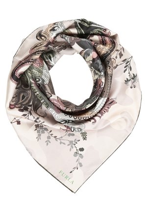 Foulard carré en soie avec des motifs floraux et cachemire roses, noirs et beiges, plié en forme circulaire avec le logo Furla en vert.