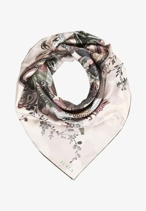 Foulard carré en soie avec des motifs floraux et cachemire roses, noirs et beiges, plié en forme circulaire avec le logo Furla en vert.