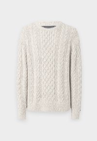 Ανοιχτό γκρι πουλόβερ με πλέξη καλωδίου, στρογγυλή λαιμόκοψη, και ριμπ μανσέτες και τελειώματα. Διαθέτει μια υφή σε όλο το ύφασμα.