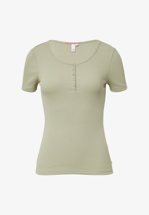 Koszulka z krótkim rękawem, prążkowana, w jasnym zielonym kolorze, z okrągłym dekoltem i guzikami z przodu. Miękka tekstura i dopasowany krój.