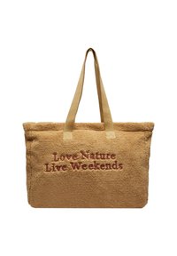Beżowa pluszowa torba na ramię z dwoma materiałowymi uchwytami i haftowanym napisem "Kochaj Naturę, Żyj Weekendami" w kolorze bordowym. Miękka tekstura i prostokątny kształt.