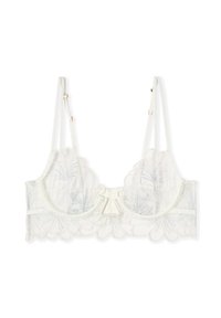 Weißer transparenter Spitzen-BH mit floraler Stickerei, Bügelcups, gezackten Kanten und verstellbaren dünnen Schultergurten.