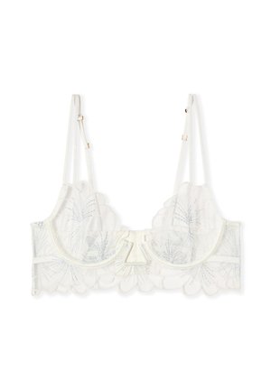 Weißer transparenter Spitzen-BH mit floraler Stickerei, Bügelcups, gezackten Kanten und verstellbaren dünnen Schultergurten.