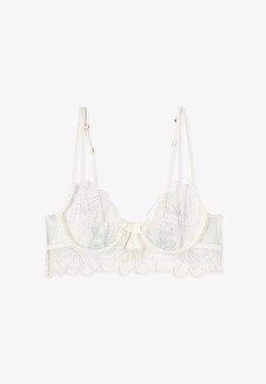Weißer transparenter Spitzen-BH mit floraler Stickerei, Bügelcups, gezackten Kanten und verstellbaren dünnen Schultergurten.