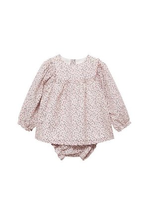 Lyserød babykjole med lange ærmer med blomsterprint og matchende blebukser, elastiske manchetter og rund halsudskæring med knaplukning bagpå.