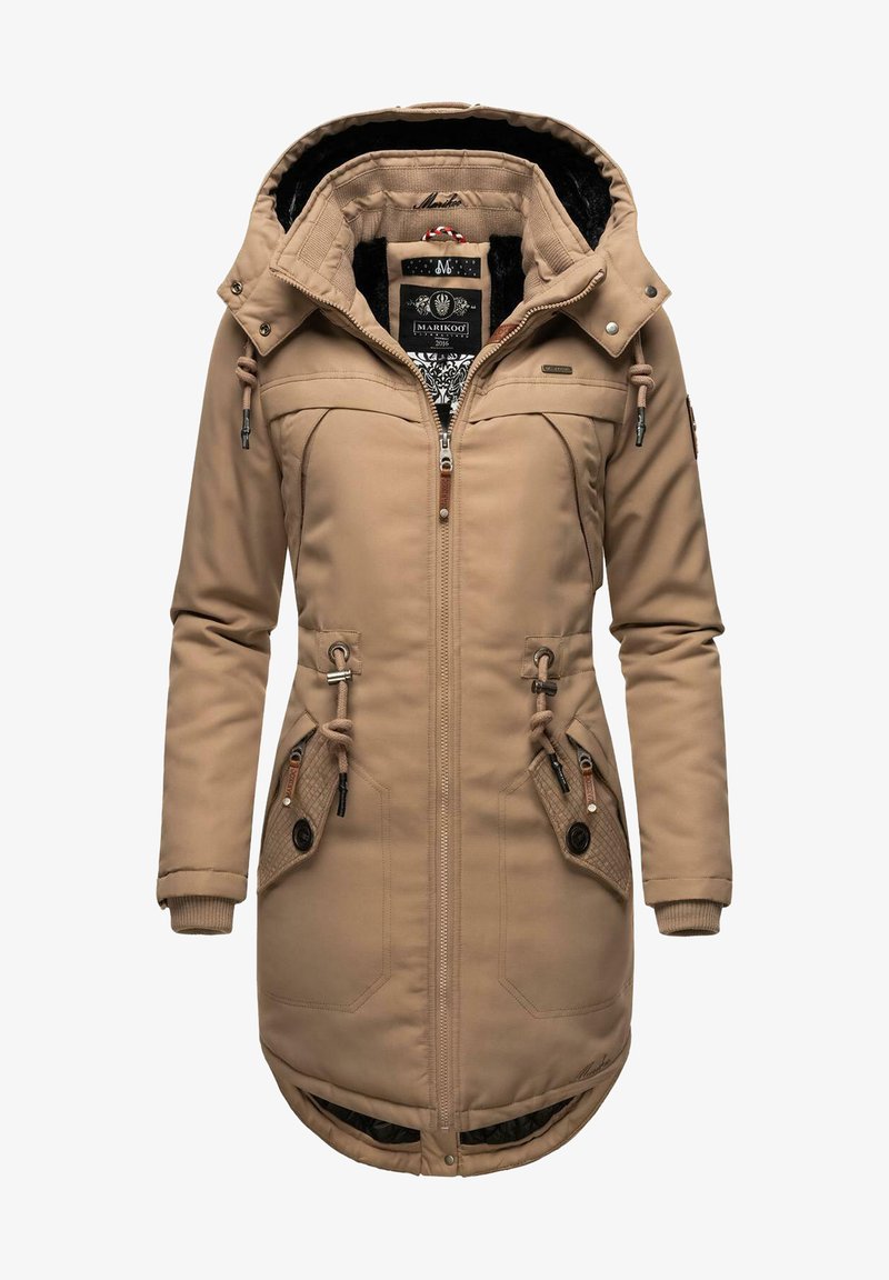 Tan winter parka with a zip front, hood, and drawstrings. Features two side pockets, textured accents, and a patterned inner lining.