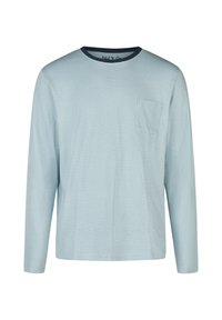 Lichtblauwe blouse met lange mouwen, fijne witte strepen, ronde halslijn en een enkele borstzak. Zachte stof met een ontspannen pasvorm.