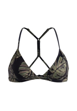 Schwarze Bikini-Oberteil mit grünem Palmblattmuster, dreieckigen Cups, verstellbaren Trägern und einem Kreuzrücken-Design. Matte Textur.