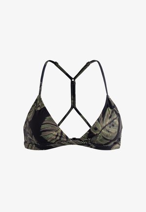 Schwarze Bikini-Oberteil mit grünem Palmblattmuster, dreieckigen Cups, verstellbaren Trägern und einem Kreuzrücken-Design. Matte Textur.