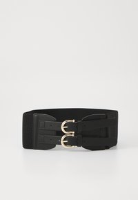 Sort elastisk taljebælte med dobbelte guldtonede spænder, glatte læderdetaljer og en åndbar meshpanel bagpå.