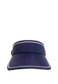 Granatowy daszek o szerokim rondzie, wykonany z gładkiego materiału, z białym obszyciem wzdłuż krawędzi i teksturowanym paskiem dla komfortu.