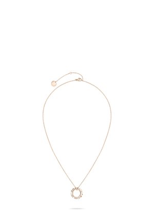 Halskette aus vergoldetem Metall mit einer zarten Kette und einem runden Anhänger, der mit eingraviertem Text versehen ist. Verstellbare Kettenlänge mit einem Verschluss.