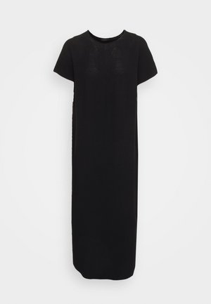 Sort kjole med korte ærmer lavet af let materiale, med en lige silhuet og rund halsudskæring, i en middellang længde.