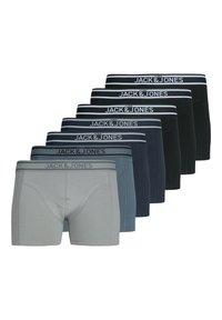 Set van zeven boxershortparen in verschillende kleuren: lichtgrijs, donkergrijs, marineblauw en zwart, met elastische taillebanden voorzien van logotekst.