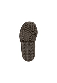 Smeđi gumeni potplat cipele s teksturiranom površinom koja ima dijamantni uzorak, kružni naglasak i urezani logotip.