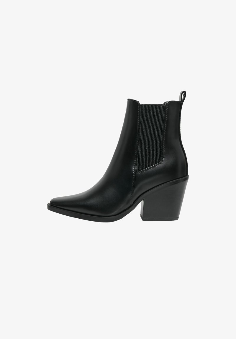 Stivaletti neri in pelle con punta appuntita, pannelli elastici laterali e tacco a blocco. Texture liscia con cuciture minime e un linguetta per il confort.