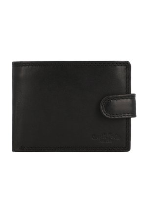 Schwarze Lederbörse mit glatter Oberfläche, im klassischen Bi-Fold-Design und einem Druckverschluss. Verfügt über eine genähte Kante und ein geprägtes Logo-Detail.