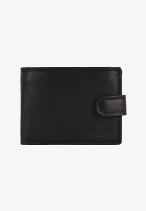 Sort læderpung med en glat overflade, bifold-design og tab-lukning. Har en quiltet kant og præget logo-detalje.