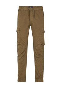 Cargo broek van olijfgroen stof, voorzien van zijzakken, verstelbare trekkoord in de taille, taps toelopende pijpen en omslagoevers. Gladde textuur.