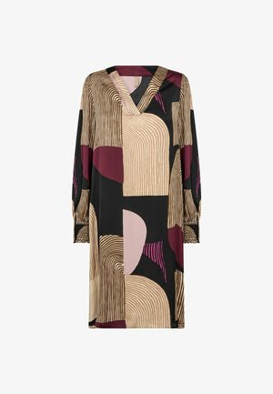 Printed dress with a V-neckline, 3/4 sleeves, features geometric patterns in shades of burgundy, beige, and black. Lightweight fabric.