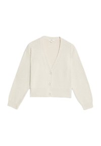 Gilet crème avec un tricot doux et texturé, col en V, manches longues et cinq boutons sur le devant. Design court avec un ourlet côtelé.