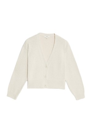 Cream cardigan with a soft, textured knit, V-neck, long sleeves, and five buttons down the front. Cropped design with ribbed hem.