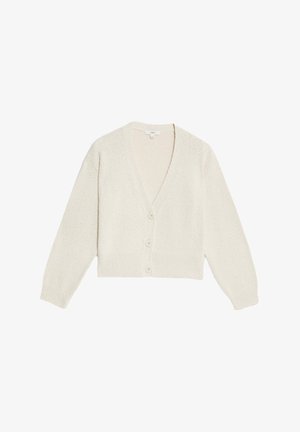 Creme cardigan med blød, tekstureret strik, V-hals, lange ærmer og fem knapper foran. Korte design med ribbet kant.
