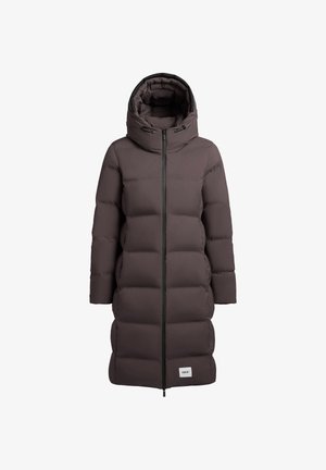 Langer, dunkelbrauner Daunenmantel mit Kapuze; verfügt über einen Frontreißverschluss und ein gestepptes Design mit matter Oberfläche. Enthält ein Markenlabel am Saum.