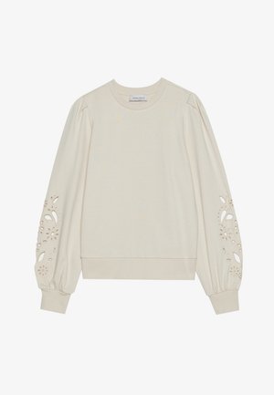 Ljusbeige sweatshirt med puffärmar och blommönster i utskärningar på mudden. Mjuk tyg och ribbad fåll för en välsittande look.