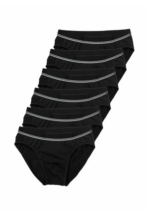 Sei slip neri da uomo con fascia in vita grigia a doppia righetta, disposti in pila verticale leggermente sovrapposta.