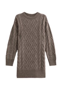 Maglione lavorato a maglia marrone oversize con motivo a rombi e trecce, polsini e orlo a coste, e scollatura rotonda.