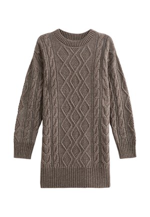 Maglione lavorato a maglia marrone oversize con motivo a rombi e trecce, polsini e orlo a coste, e scollatura rotonda.