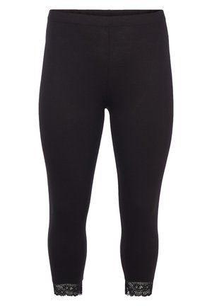 Leggings neri con una texture liscia e un design aderente, caratterizzati da pizzi all'orlo della caviglia. Vita elasticizzata per il massimo comfort.