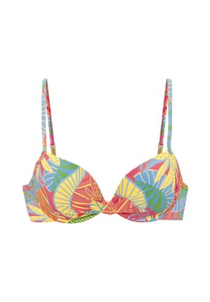 Colorful bikini top with a floral pattern featuring red, yellow, green, and blue leaves. Underwire support and adjustable straps.