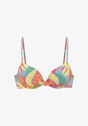 Colorful bikini top with a floral pattern featuring red, yellow, green, and blue leaves. Underwire support and adjustable straps.