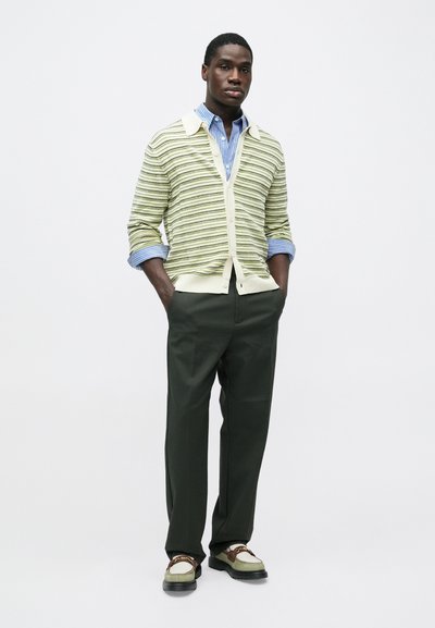 Man wearing striped cream cardigan over blue striped shirt, dark green trousers, and green and brown loafers standing with hands in pockets.