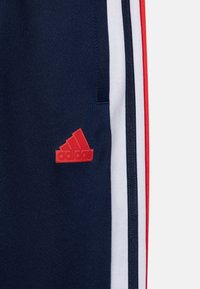 Jūros mėlynumo sportinės kelnės su raudonai ir baltai dryžuotomis šoninėmis juostomis. Dešinėje kojoje yra raudonas gumos Adidas logotipas ir šoninė kišenė. Sklandaus audinio tekstūra.