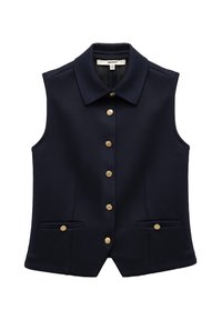 Chaleco sin mangas de color navy con cuello tipo solapa, cierre frontal con botones dorados y dos bolsillos frontales con acentos dorados a juego. Textura de tela suave.
