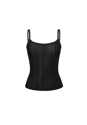 Maieu negru tricotat cu model în relief, bretele subțiri și siluetă mulată.
