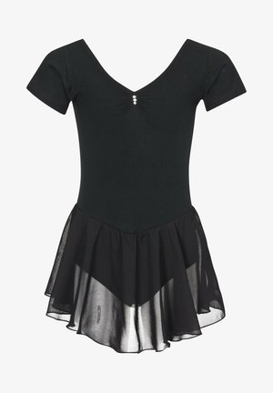 Leotardo de ballet negro de manga corta con escote en V, tres pequeños adornos de pedrería y falda de malla transparente incorporada.