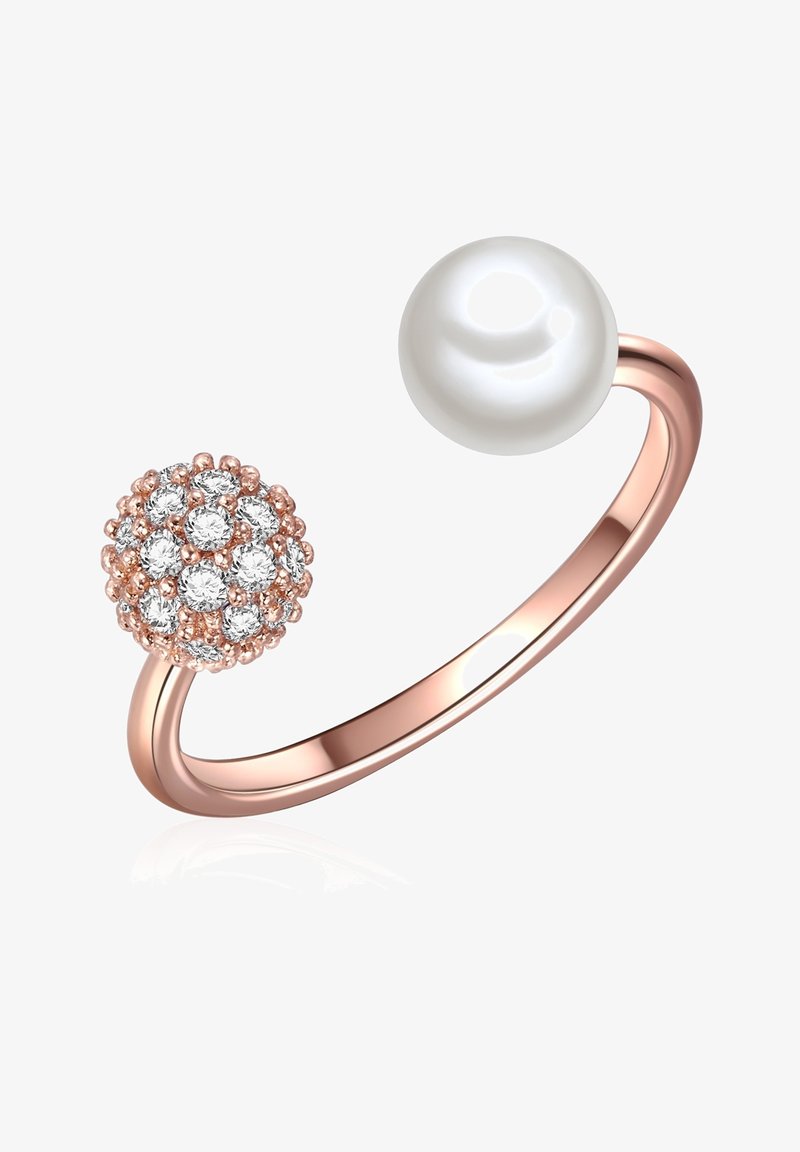 Prstan iz rožnatega zlata s sferno skupino prozornih kamnov na enem koncu in belim biserom na drugem. Gladek, sijoč dizajn obroča.